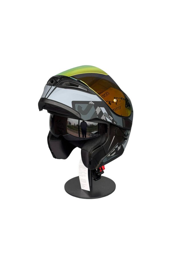 - 902 Güneş Vizörlü Çene Açılır Kask H1 GREY (DarkRed Vizörlü) Gri - M