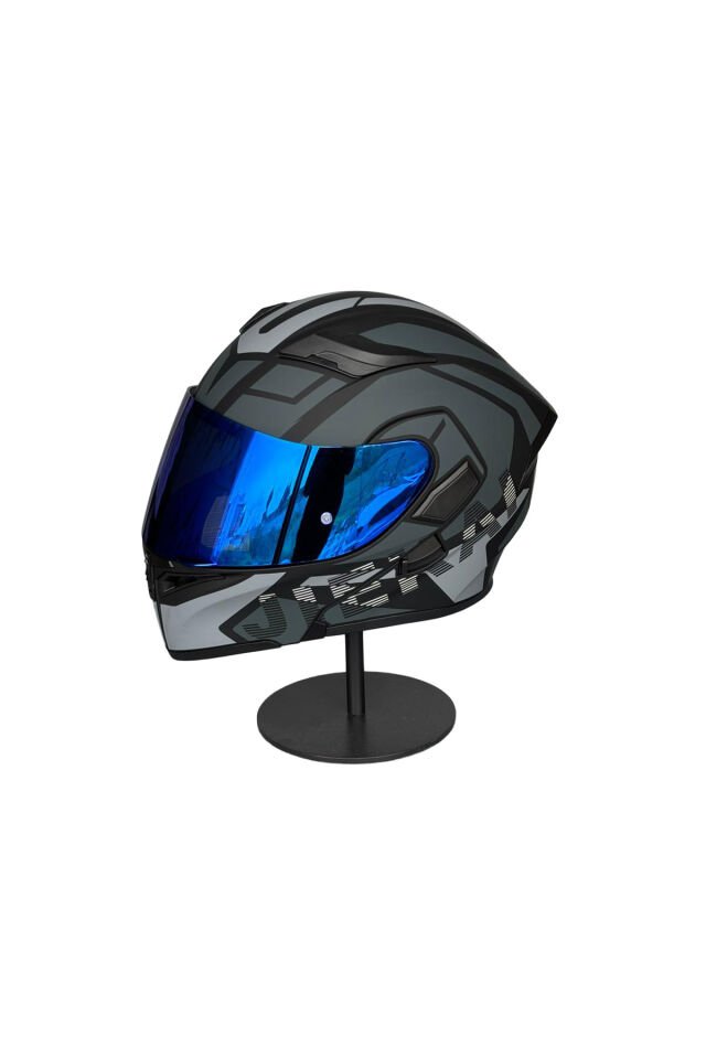 - 902 Güneş Vizörlü Çene Açılır Kask H1 GREY (DarkBlue Vizörlü) Gri - L