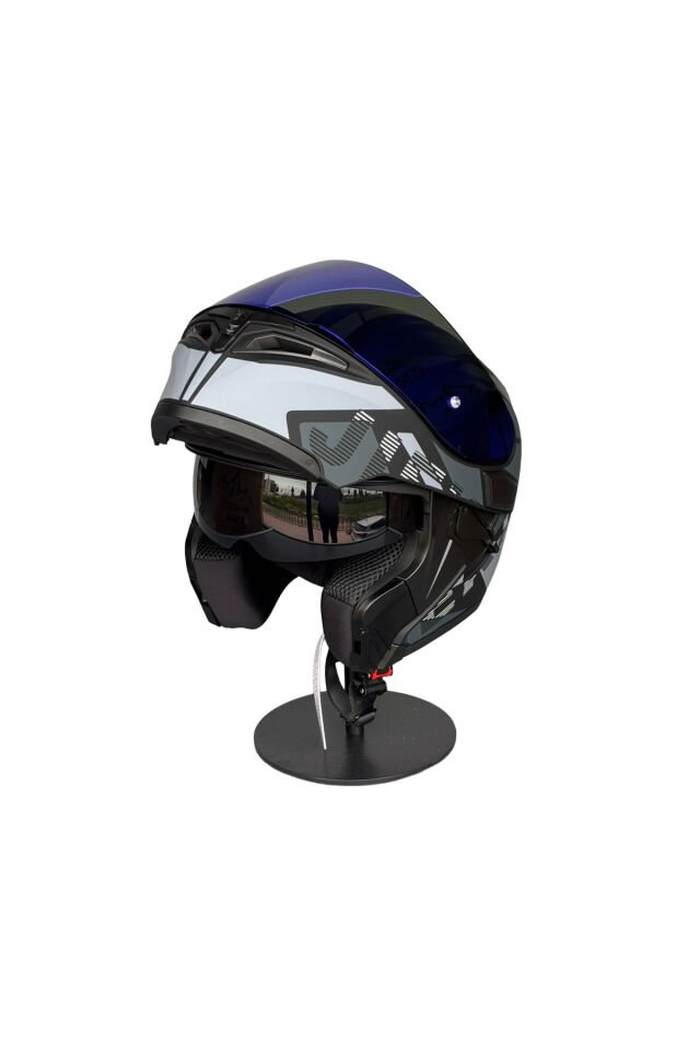 - 902 Güneş Vizörlü Çene Açılır Kask H1 GREY (DarkBlue Vizörlü) Gri - L