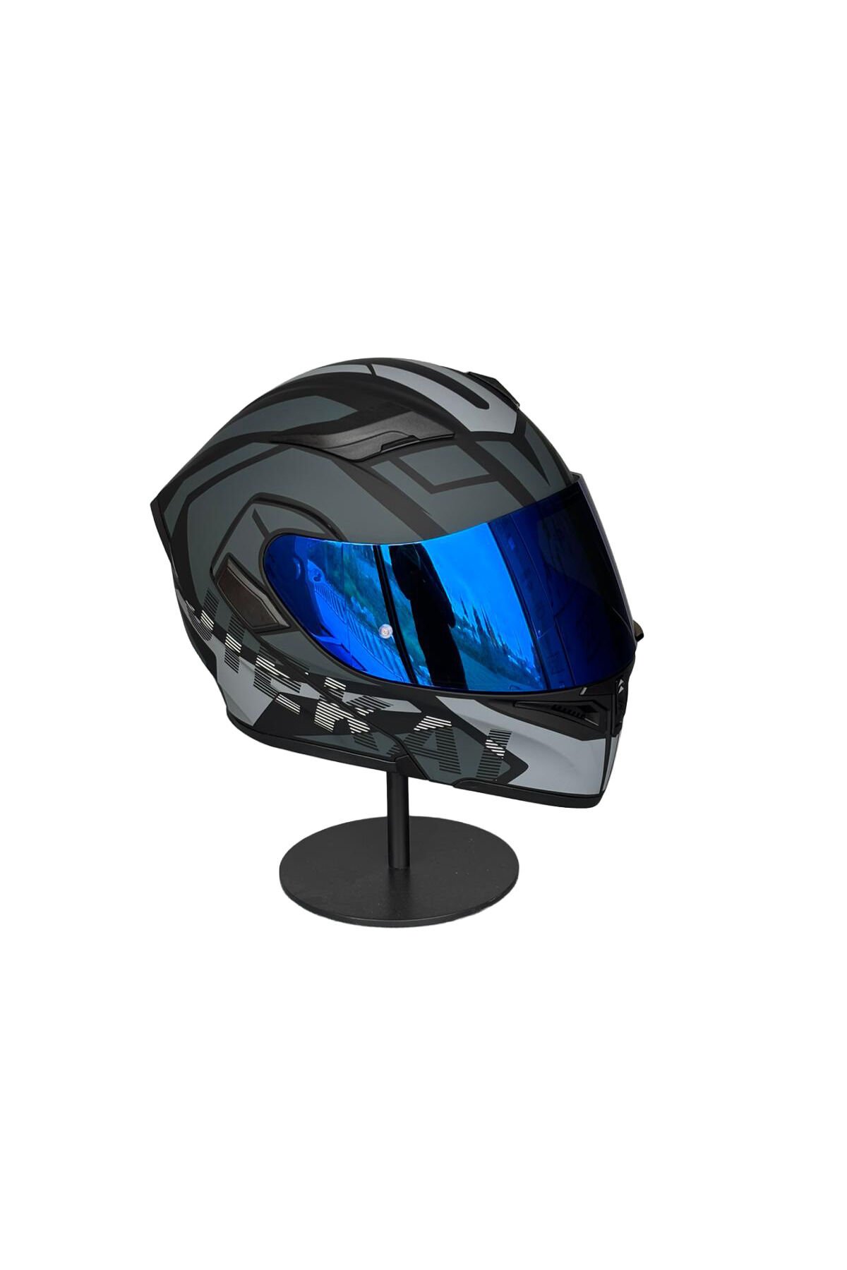 - 902 Güneş Vizörlü Çene Açılır Kask H1 GREY (DarkBlue Vizörlü) Gri - M