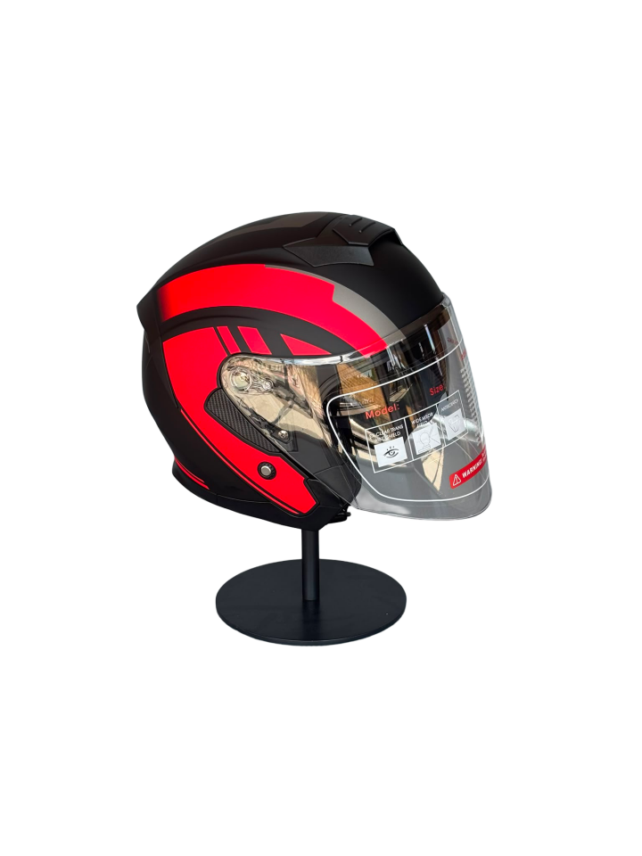 526 R1 Red Güneş Gözlüklü Yarım Motosiklet Kaskı (Şeffaf Vizörlü)