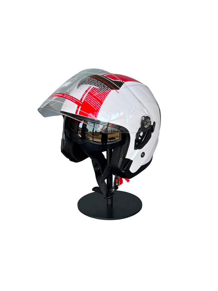 526 White/Y2Red Güneş Gözlüklü Yarım Motosiklet Kaskı (Şeffaf Vizörlü)