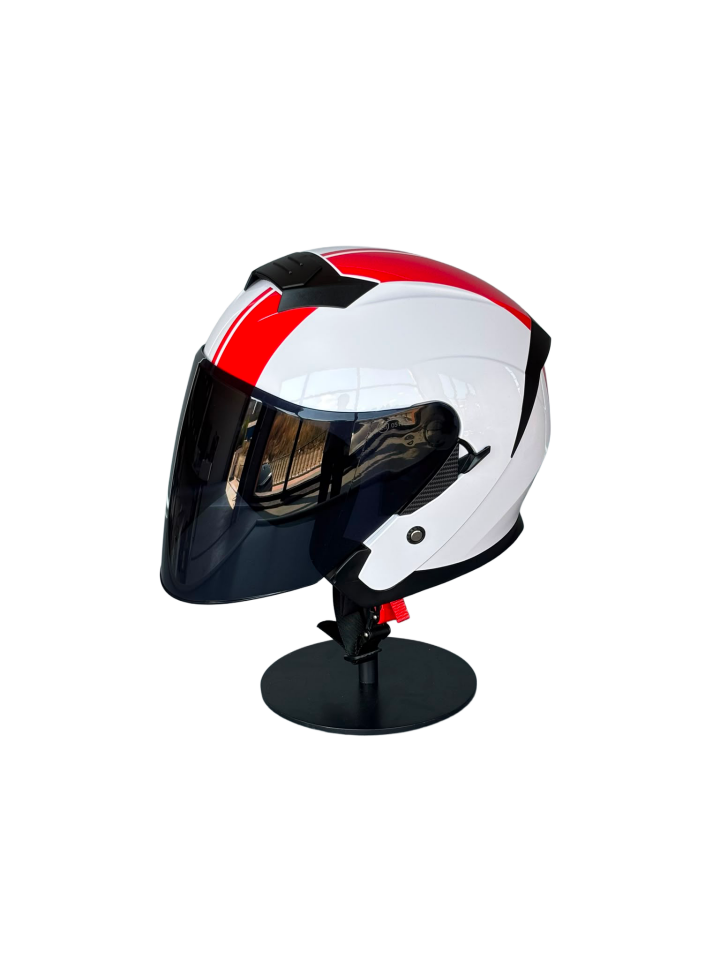 526 White/Y2Red Güneş Gözlüklü Yarım Motosiklet Kaskı (Smoke Vizörlü)
