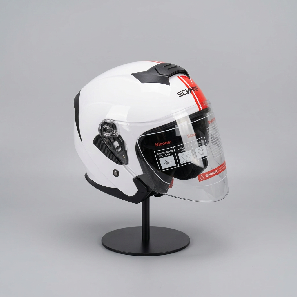 528 Şeffaf Vizörlü Yarım Motosiklet Kaskı - Güneş Camlı Açık Kask (WHITE Y2RED)