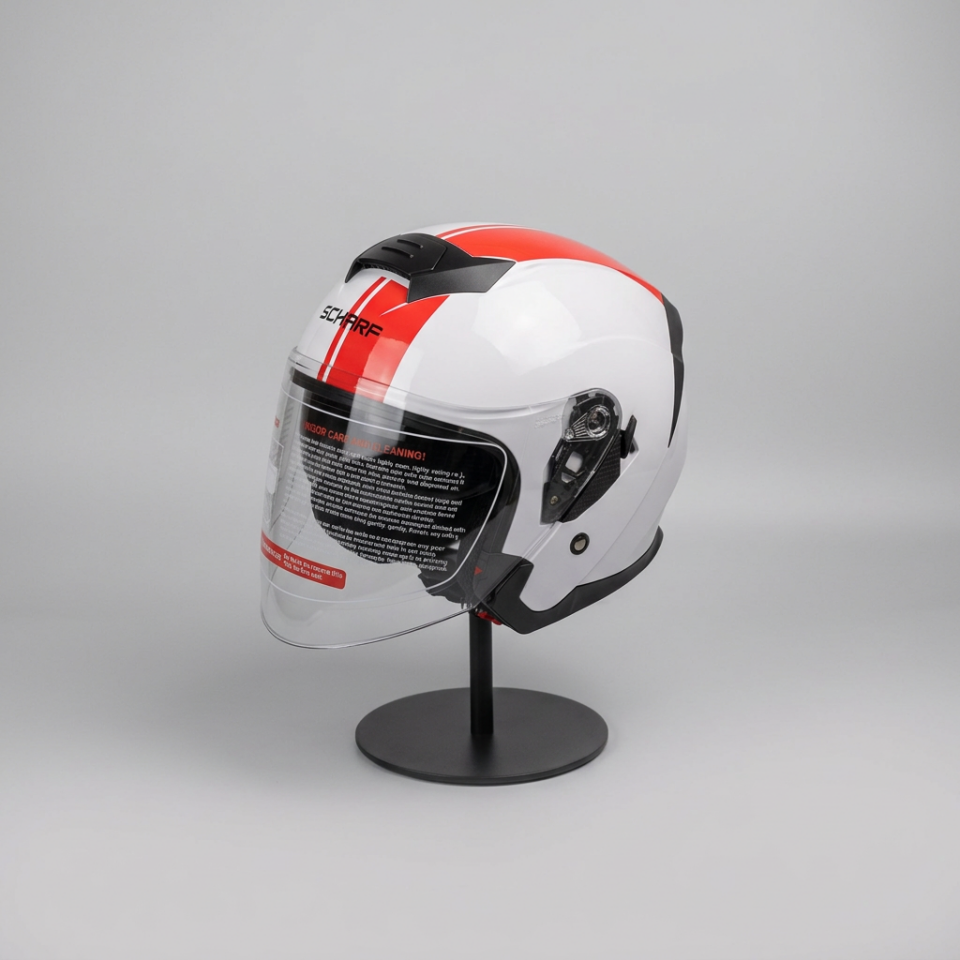 528 Şeffaf Vizörlü Yarım Motosiklet Kaskı - Güneş Camlı Açık Kask (WHITE Y2RED)