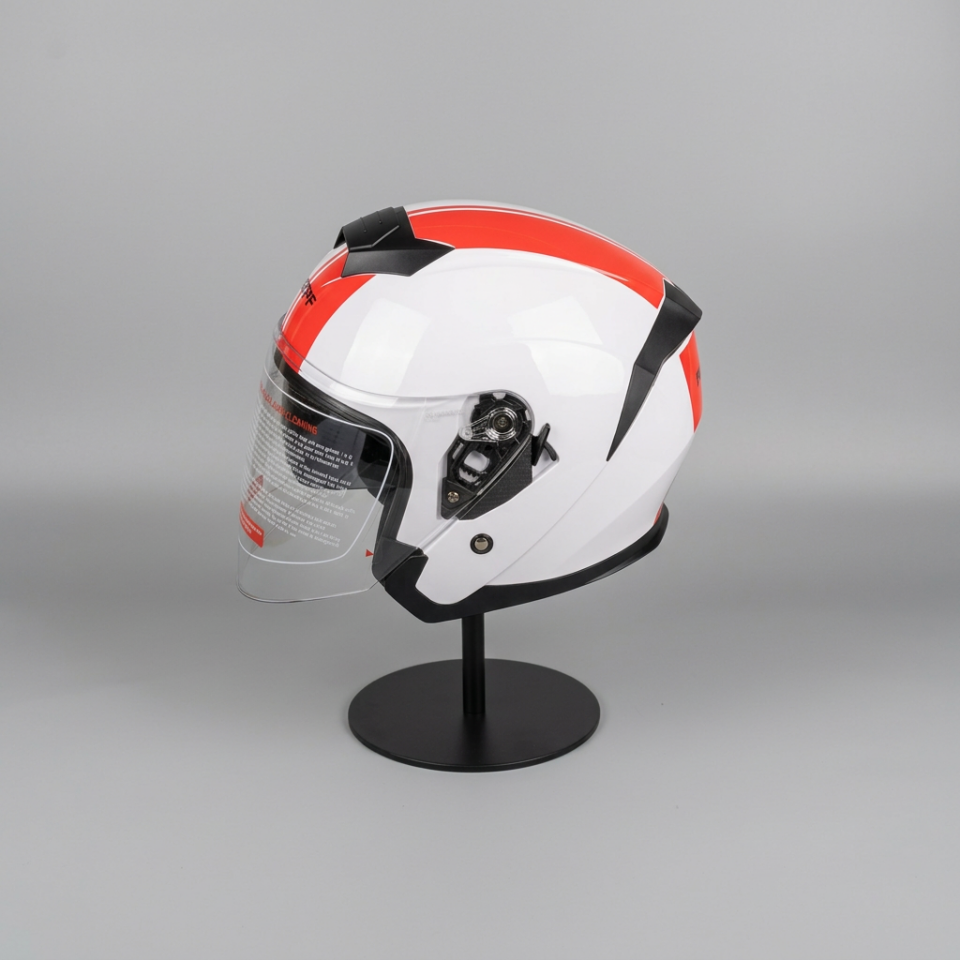 528 Şeffaf Vizörlü Yarım Motosiklet Kaskı - Güneş Camlı Açık Kask (WHITE Y2RED)