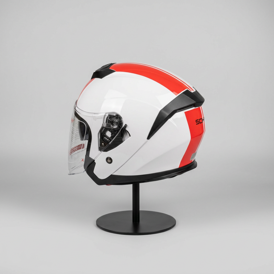 528 Şeffaf Vizörlü Yarım Motosiklet Kaskı - Güneş Camlı Açık Kask (WHITE Y2RED)
