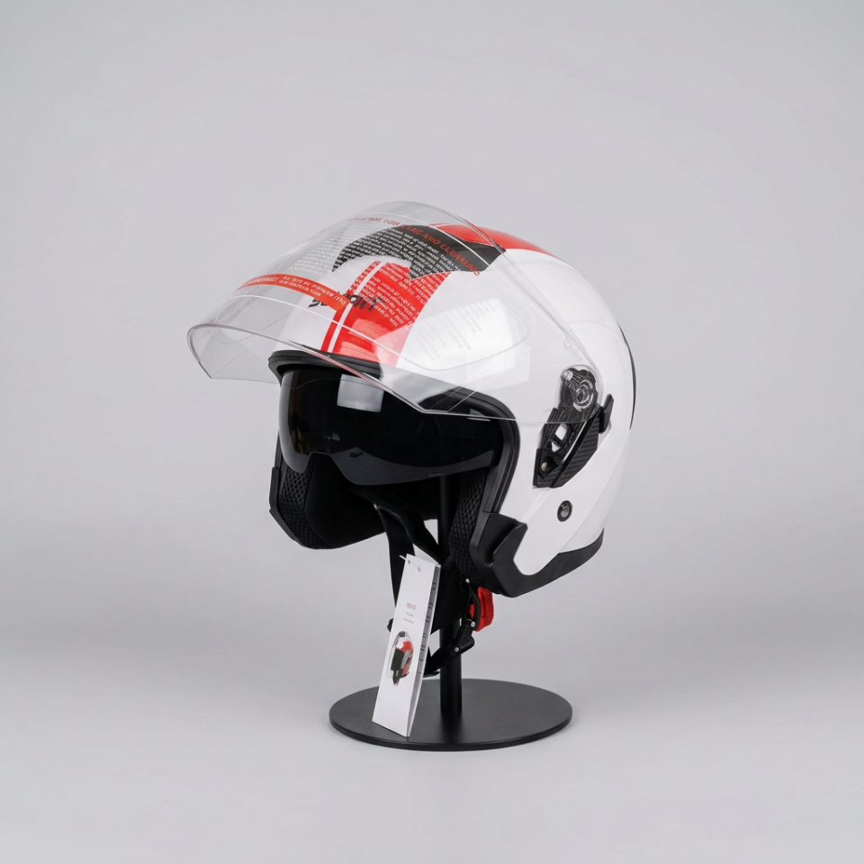 528 Şeffaf Vizörlü Yarım Motosiklet Kaskı - Güneş Camlı Açık Kask (WHITE Y2RED)
