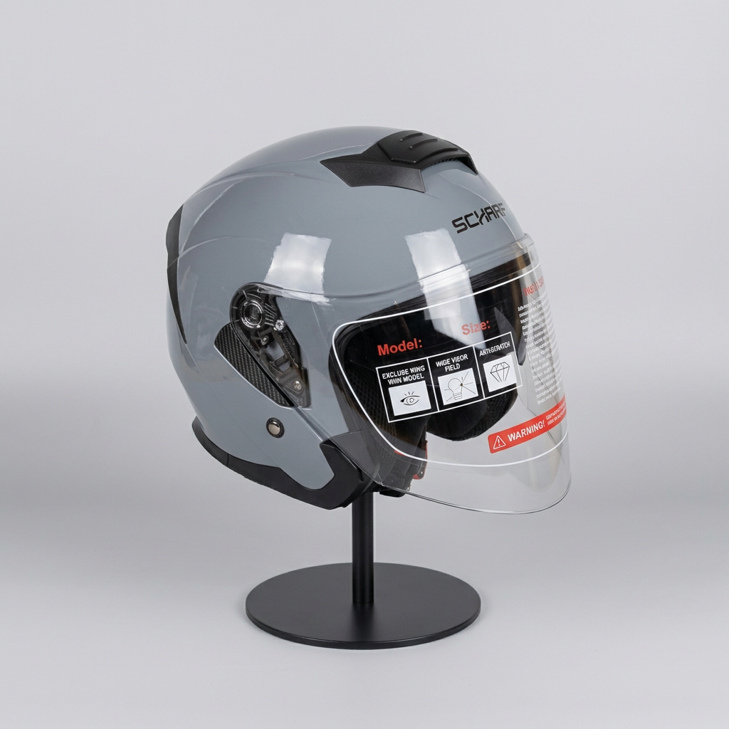 528 Şeffaf Vizörlü Yarım Motosiklet Kaskı - Güneş Camlı Açık Kask (Nardo Gri)