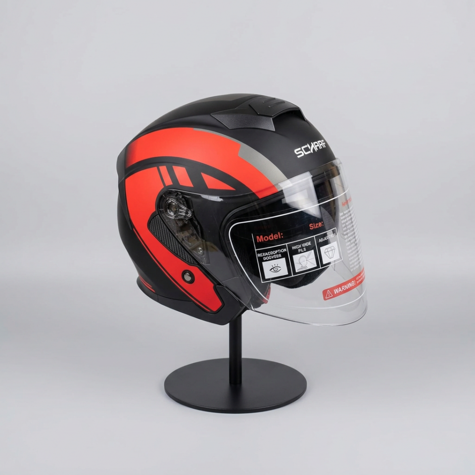 528 Şeffaf Vizörlü Yarım Motosiklet Kaskı - Güneş Camlı Açık Kask (R1 RED)