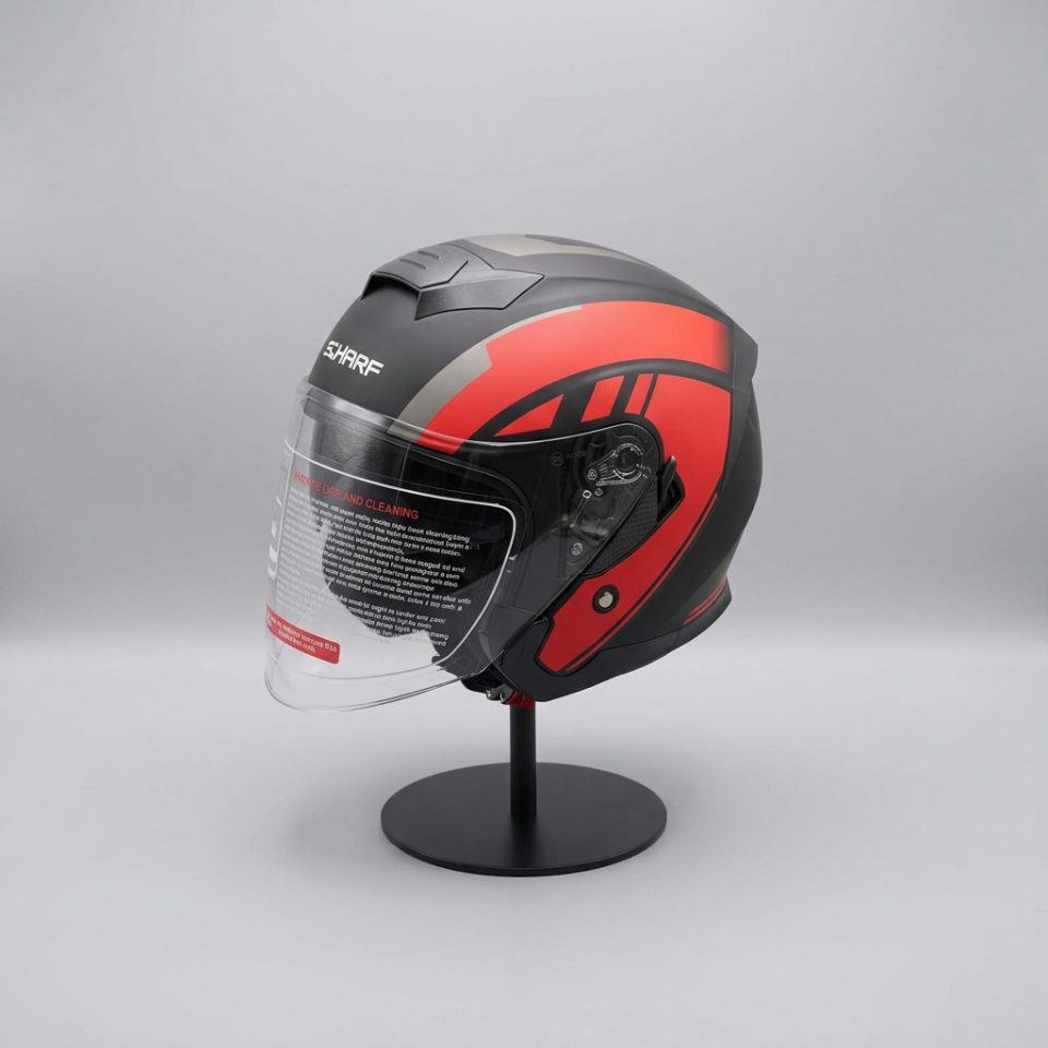 528 Şeffaf Vizörlü Yarım Motosiklet Kaskı - Güneş Camlı Açık Kask (R1 RED)