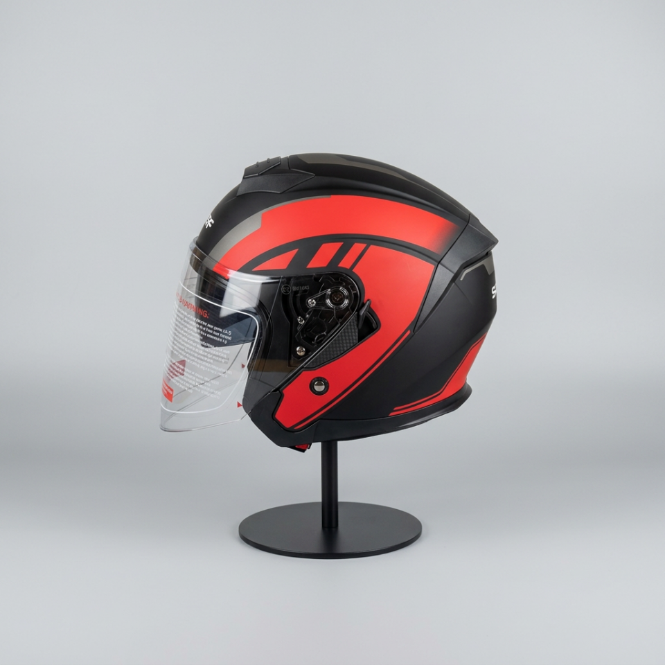 528 Şeffaf Vizörlü Yarım Motosiklet Kaskı - Güneş Camlı Açık Kask (R1 RED)