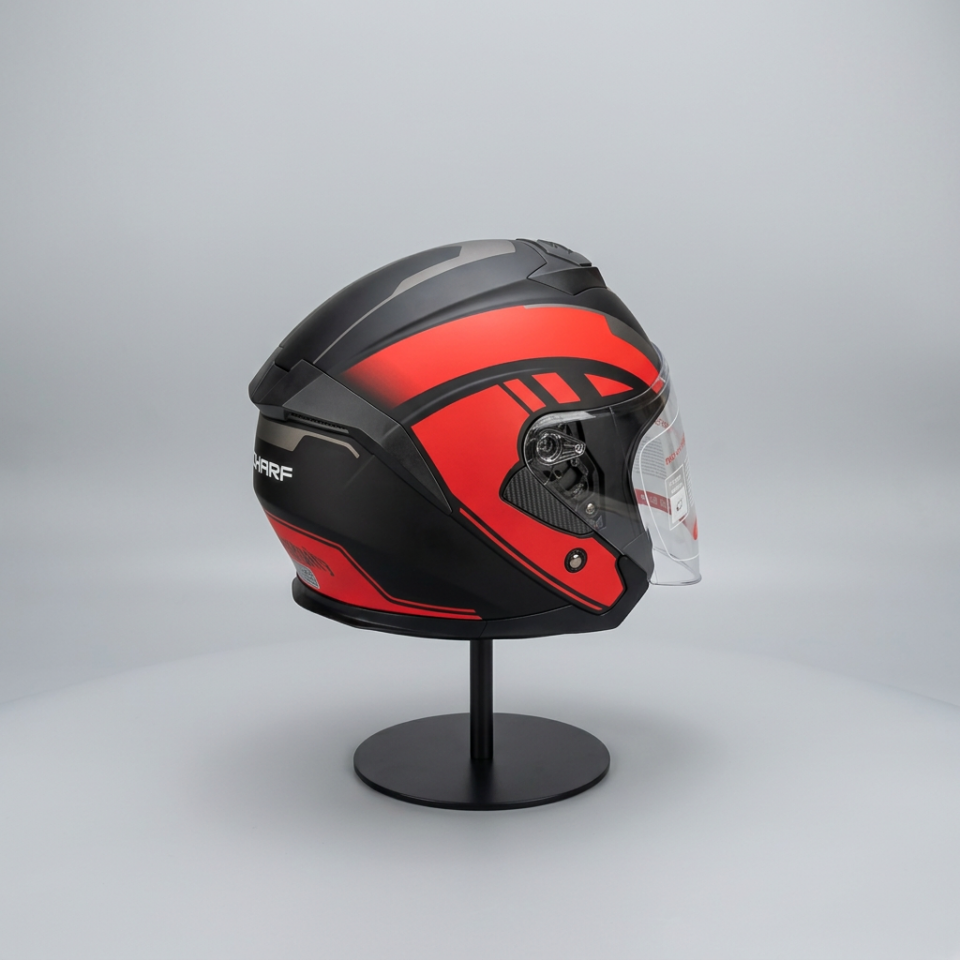 528 Şeffaf Vizörlü Yarım Motosiklet Kaskı - Güneş Camlı Açık Kask (R1 RED)