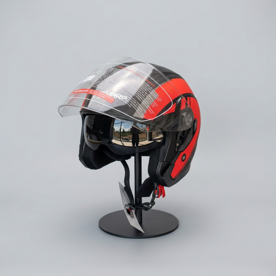 528 Şeffaf Vizörlü Yarım Motosiklet Kaskı - Güneş Camlı Açık Kask (R1 RED)