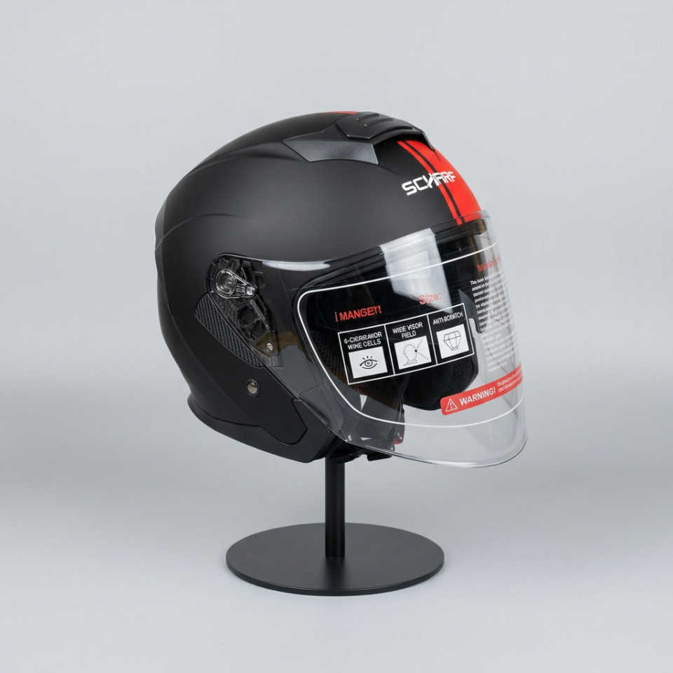 528 Şeffaf Vizörlü Yarım Motosiklet Kaskı - Güneş Camlı Açık Kask (MBLACK Y2RED)