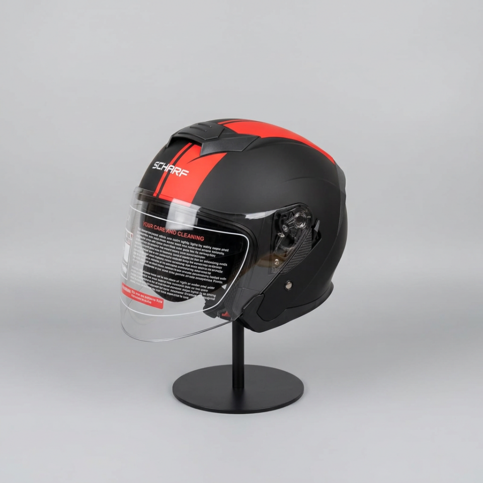 528 Şeffaf Vizörlü Yarım Motosiklet Kaskı - Güneş Camlı Açık Kask (MBLACK Y2RED)