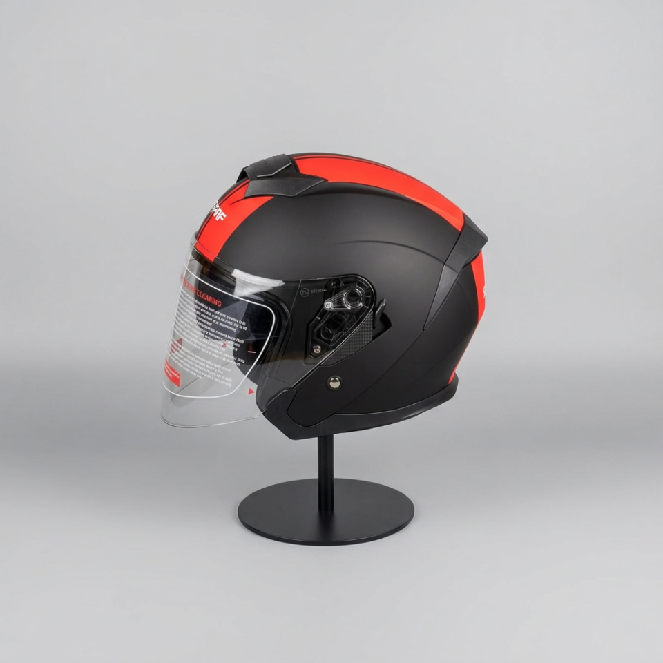 528 Şeffaf Vizörlü Yarım Motosiklet Kaskı - Güneş Camlı Açık Kask (MBLACK Y2RED)