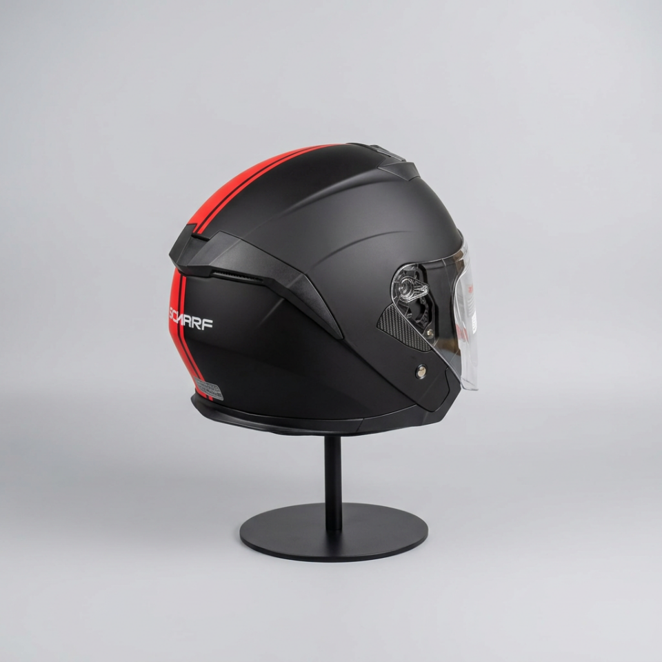 528 Şeffaf Vizörlü Yarım Motosiklet Kaskı - Güneş Camlı Açık Kask (MBLACK Y2RED)