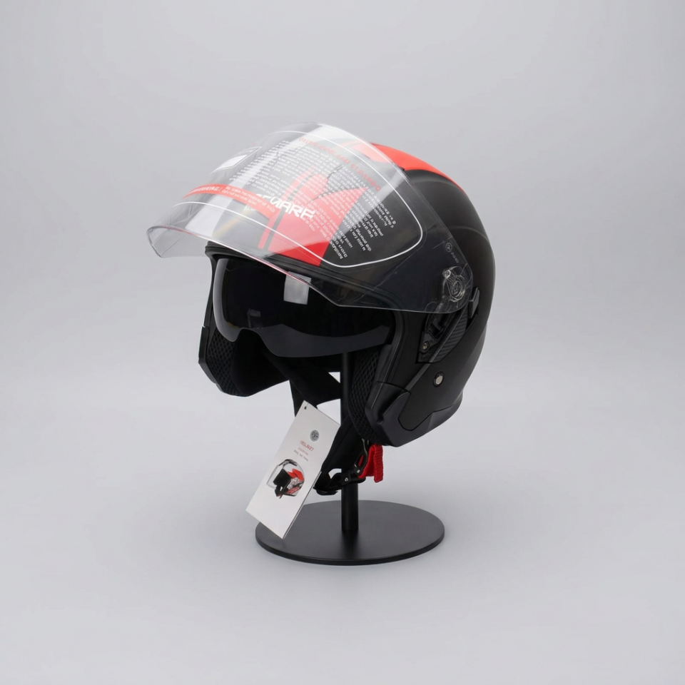 528 Şeffaf Vizörlü Yarım Motosiklet Kaskı - Güneş Camlı Açık Kask (MBLACK Y2RED)