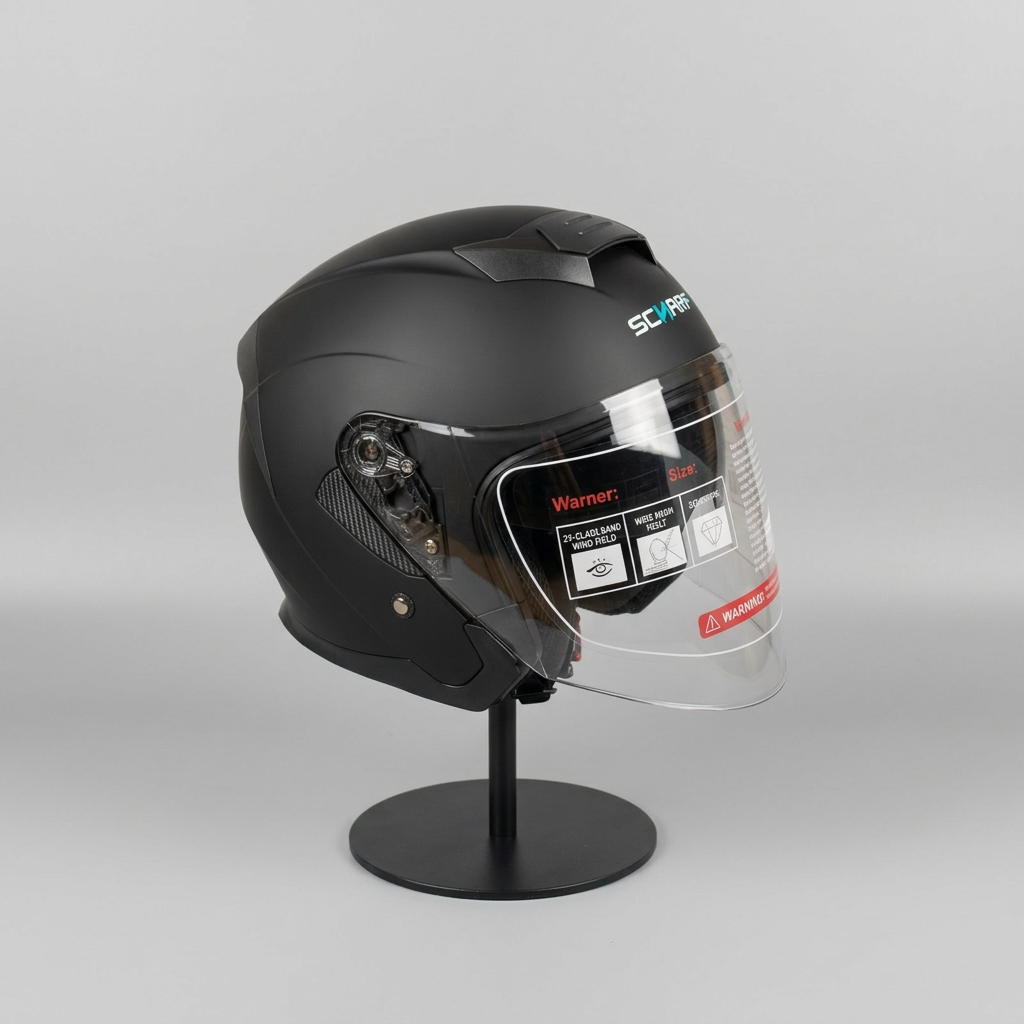 528 Şeffaf Vizörlü Yarım Motosiklet Kaskı - Güneş Camlı Açık Kask (Mat Siyah)