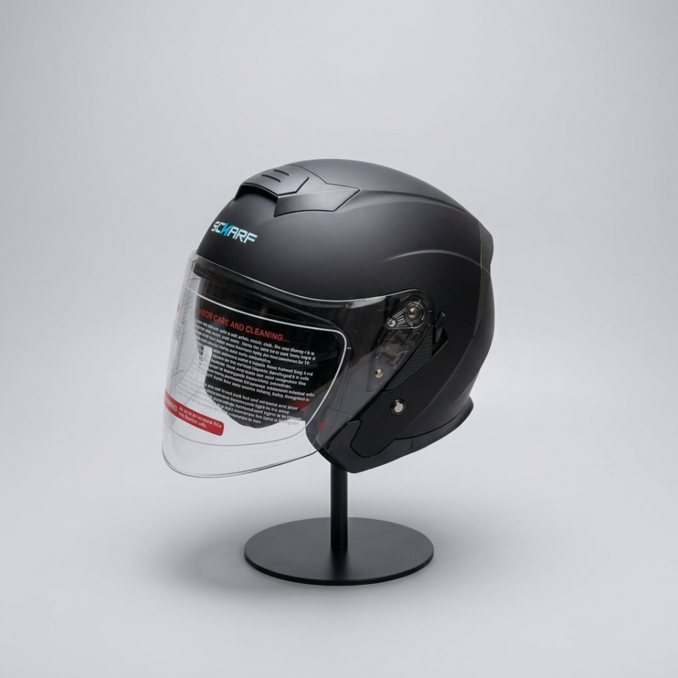528 Şeffaf Vizörlü Yarım Motosiklet Kaskı - Güneş Camlı Açık Kask (Mat Siyah)