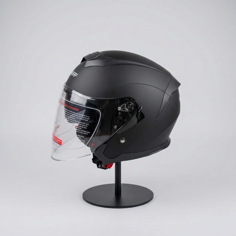 528 Şeffaf Vizörlü Yarım Motosiklet Kaskı - Güneş Camlı Açık Kask (Mat Siyah)
