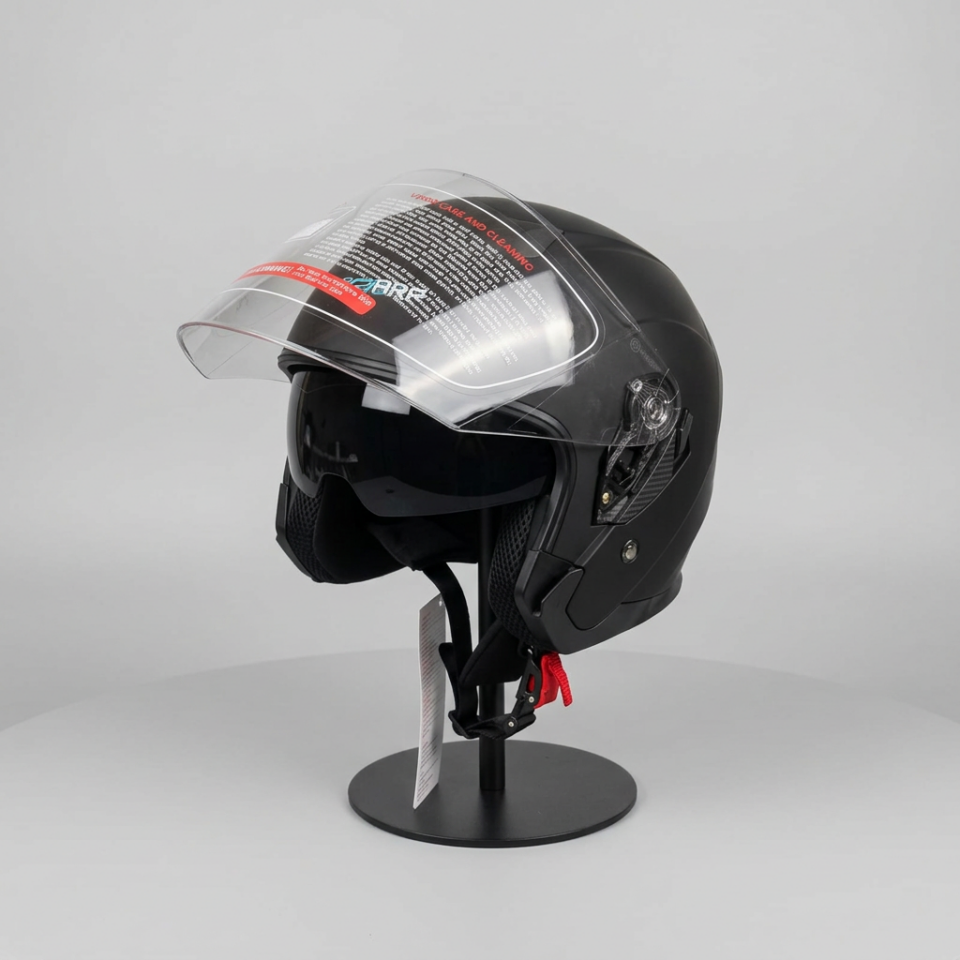 528 Şeffaf Vizörlü Yarım Motosiklet Kaskı - Güneş Camlı Açık Kask (Mat Siyah)