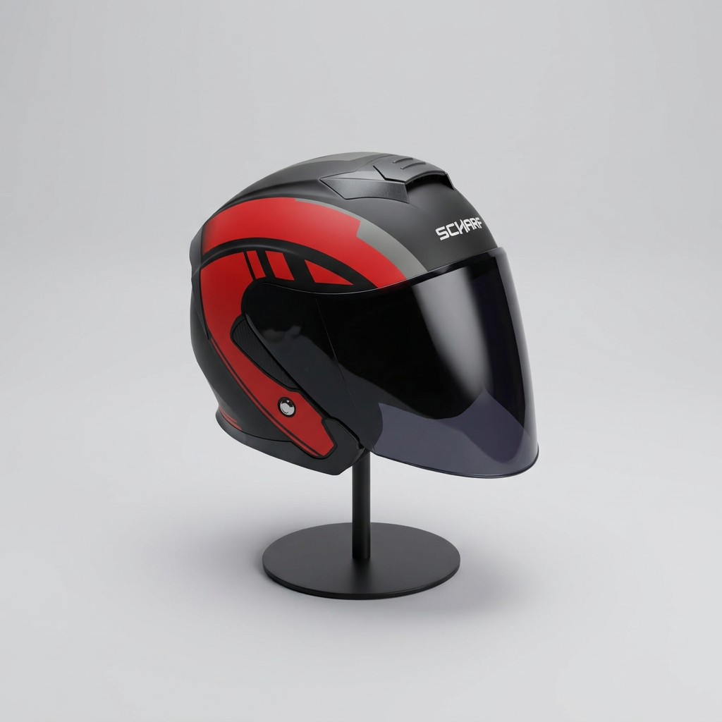 528 Siyah Vizörlü Yarım Motosiklet Kaskı - Güneş Camlı Açık Kask (R1 RED)