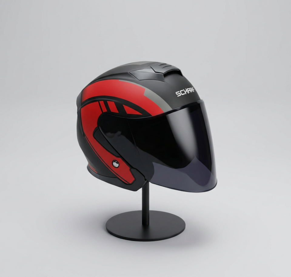 528 Siyah Vizörlü Yarım Motosiklet Kaskı - Güneş Camlı Açık Kask (R1 RED)