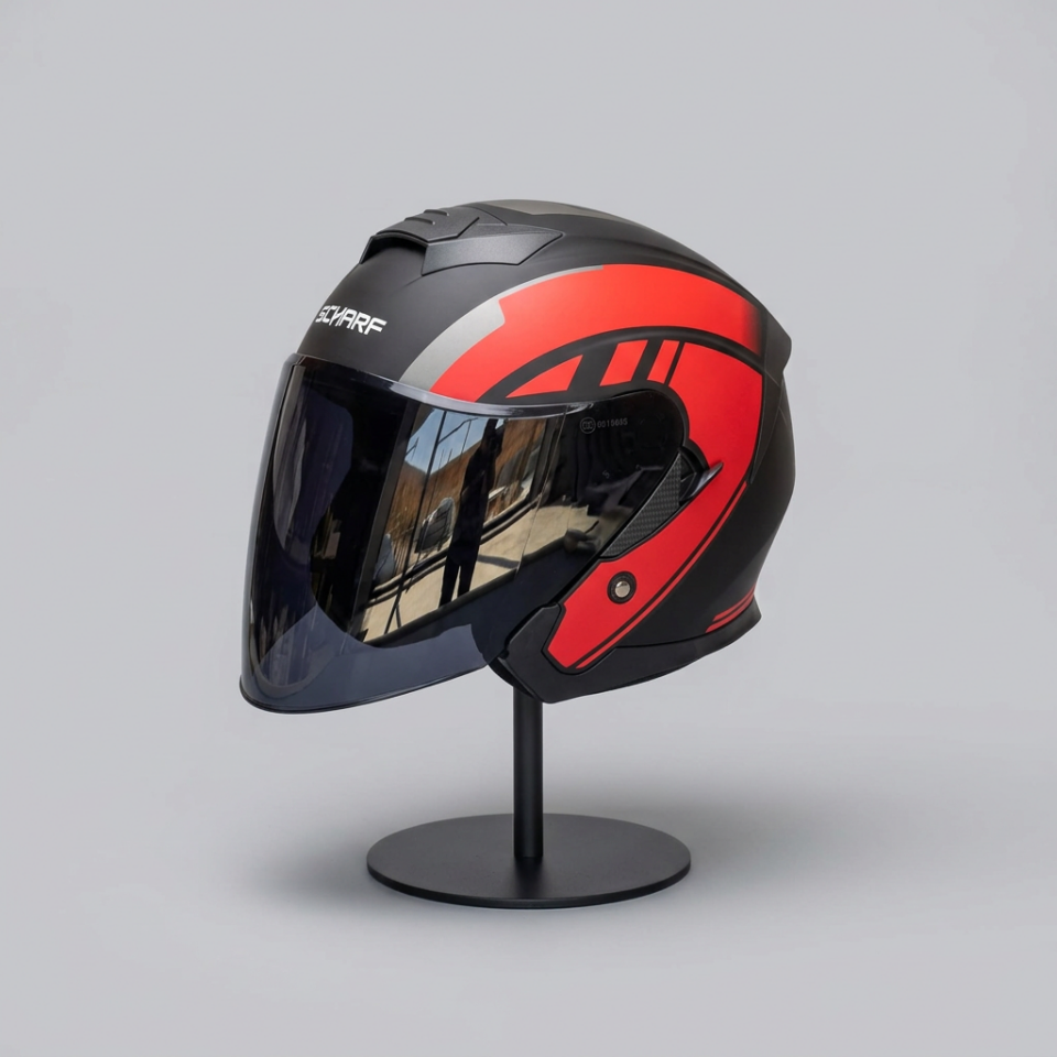 528 Siyah Vizörlü Yarım Motosiklet Kaskı - Güneş Camlı Açık Kask (R1 RED)