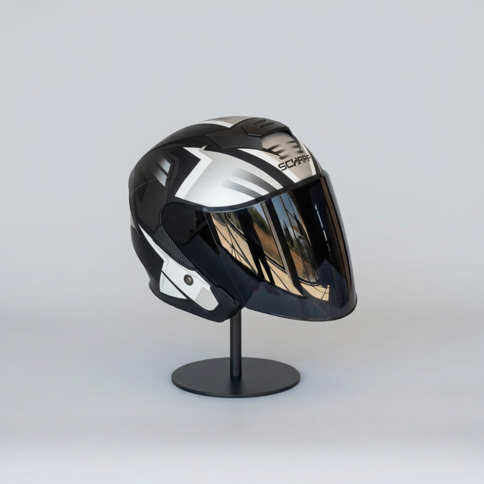 528 Siyah Vizörlü Yarım Motosiklet Kaskı - Güneş Camlı Açık Kask (S1 SILVER)