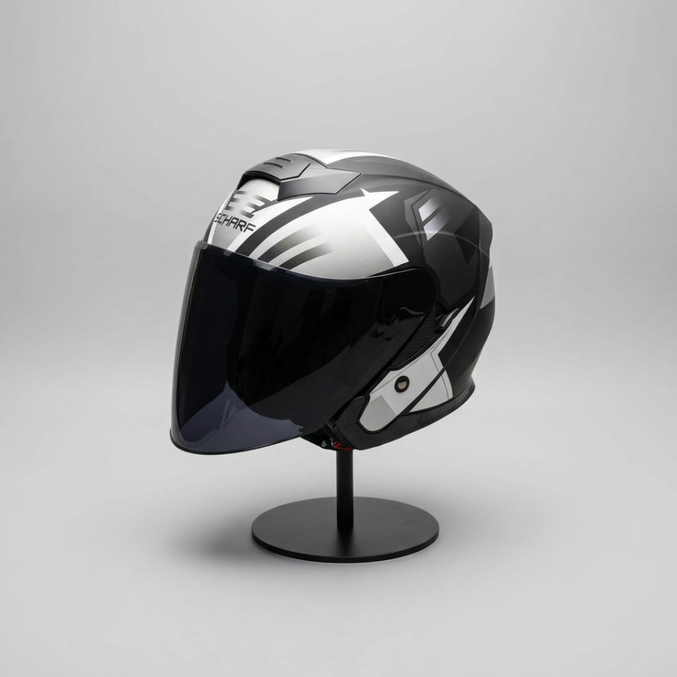 528 Siyah Vizörlü Yarım Motosiklet Kaskı - Güneş Camlı Açık Kask (S1 SILVER)