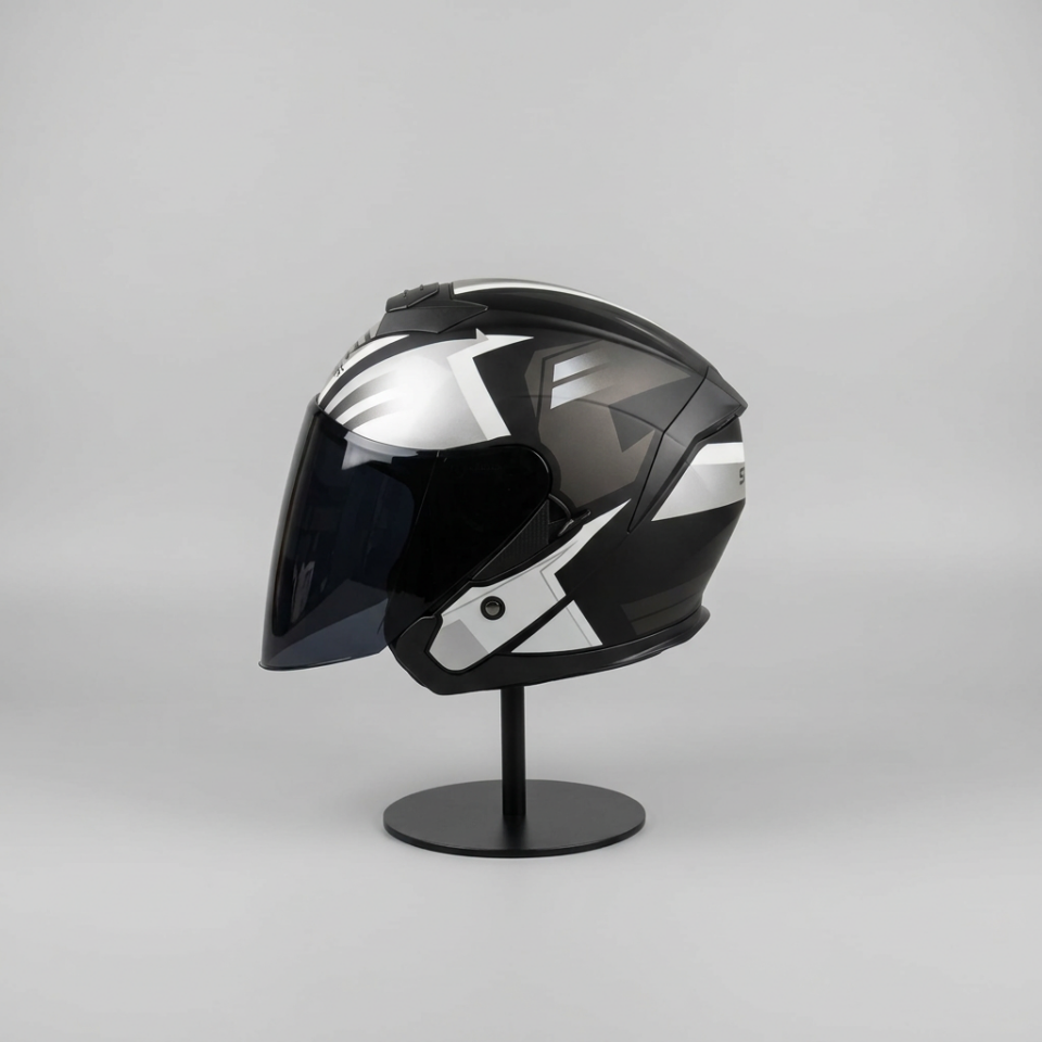 528 Siyah Vizörlü Yarım Motosiklet Kaskı - Güneş Camlı Açık Kask (S1 SILVER)