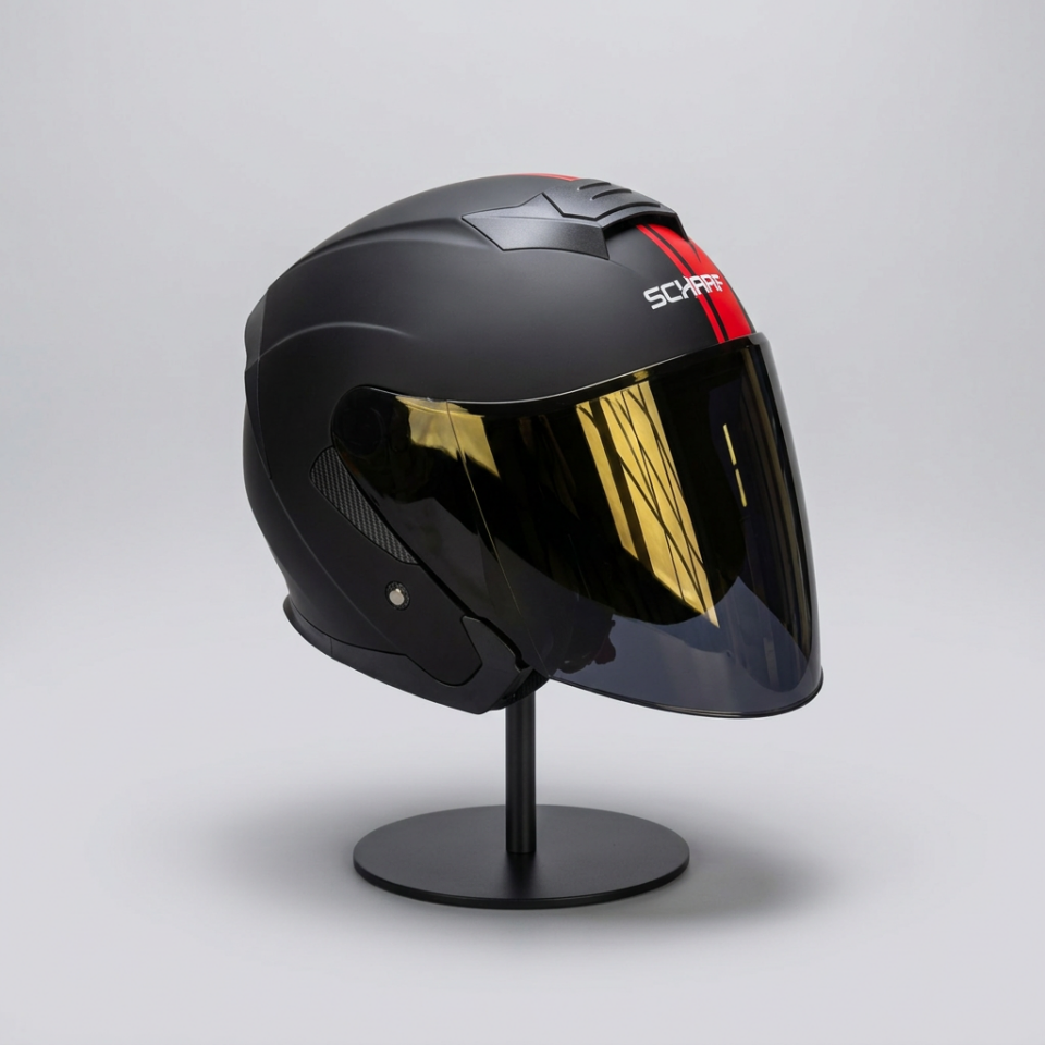 528 Siyah Vizörlü Yarım Motosiklet Kaskı - Güneş Camlı Açık Kask (MBLACK Y2RED)