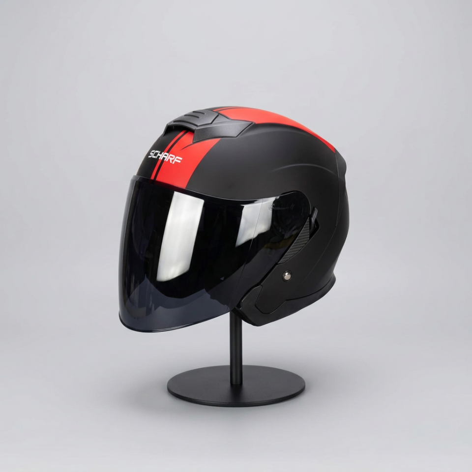 528 Siyah Vizörlü Yarım Motosiklet Kaskı - Güneş Camlı Açık Kask (MBLACK Y2RED)