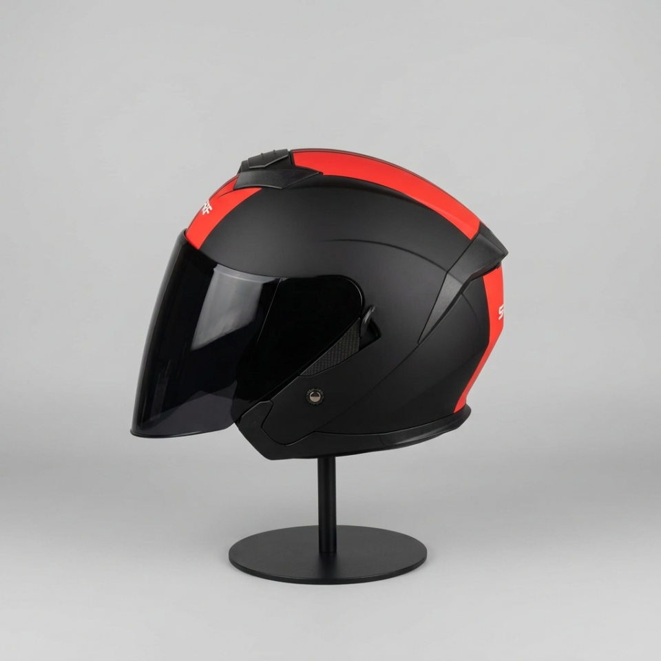 528 Siyah Vizörlü Yarım Motosiklet Kaskı - Güneş Camlı Açık Kask (MBLACK Y2RED)