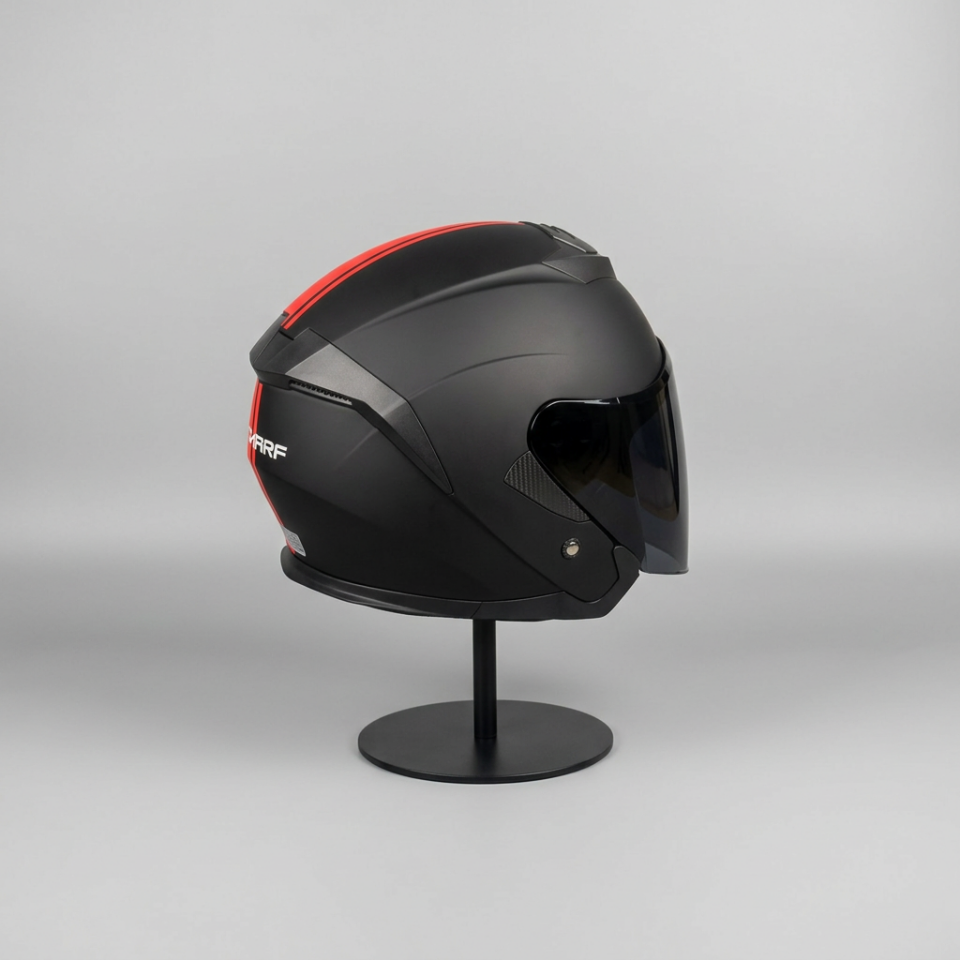 528 Siyah Vizörlü Yarım Motosiklet Kaskı - Güneş Camlı Açık Kask (MBLACK Y2RED)