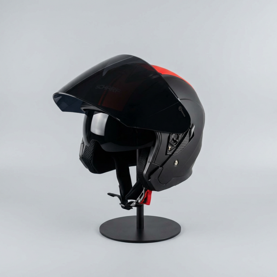 528 Siyah Vizörlü Yarım Motosiklet Kaskı - Güneş Camlı Açık Kask (MBLACK Y2RED)