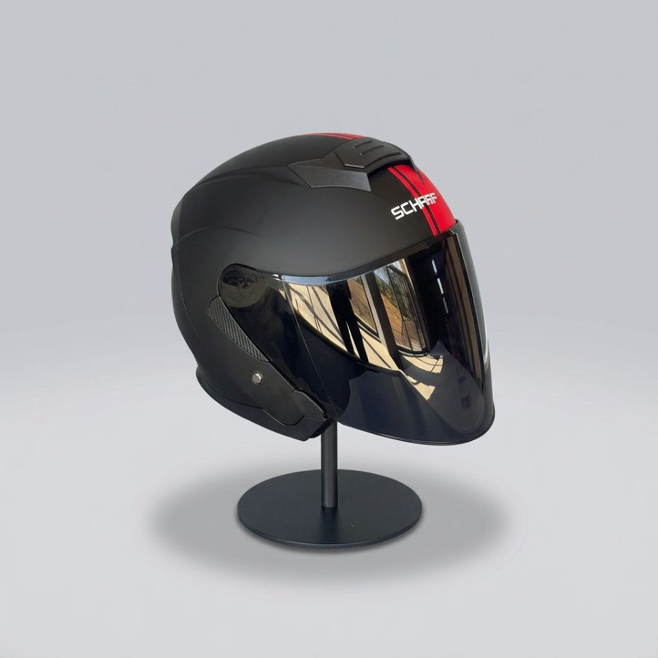 528 Siyah Vizörlü Yarım Motosiklet Kaskı - Güneş Camlı Açık Kask (MBLACK Y2RED)