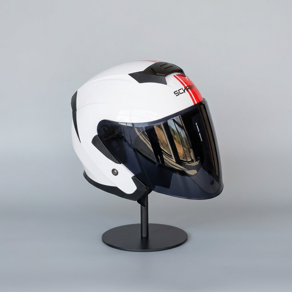 528 Siyah Vizörlü Yarım Motosiklet Kaskı - Güneş Camlı Açık Kask (WHITE Y2RED)