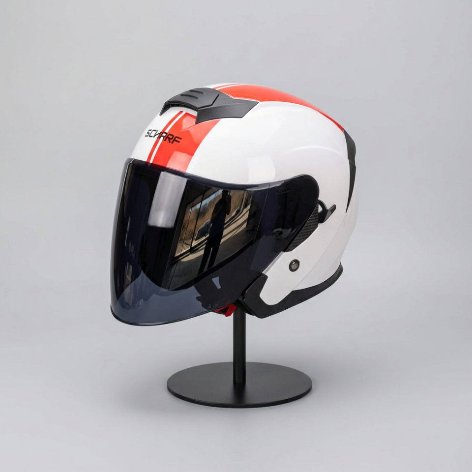 528 Siyah Vizörlü Yarım Motosiklet Kaskı - Güneş Camlı Açık Kask (WHITE Y2RED)
