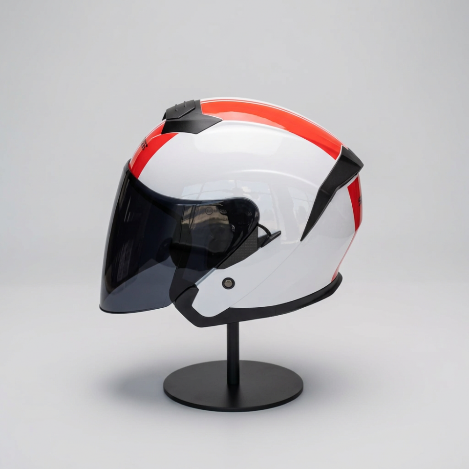 528 Siyah Vizörlü Yarım Motosiklet Kaskı - Güneş Camlı Açık Kask (WHITE Y2RED)