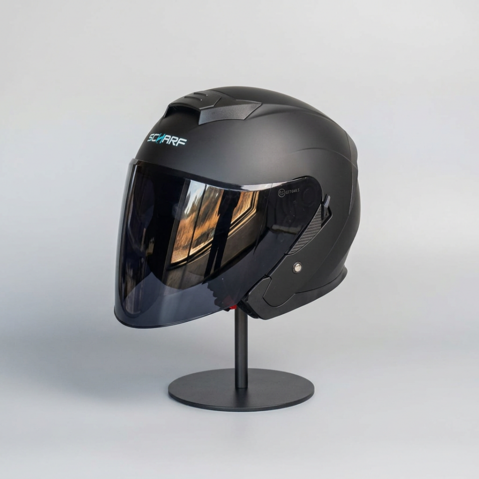 528 Siyah Vizörlü Yarım Motosiklet Kaskı - Güneş Camlı Açık Kask (Mat Siyah)