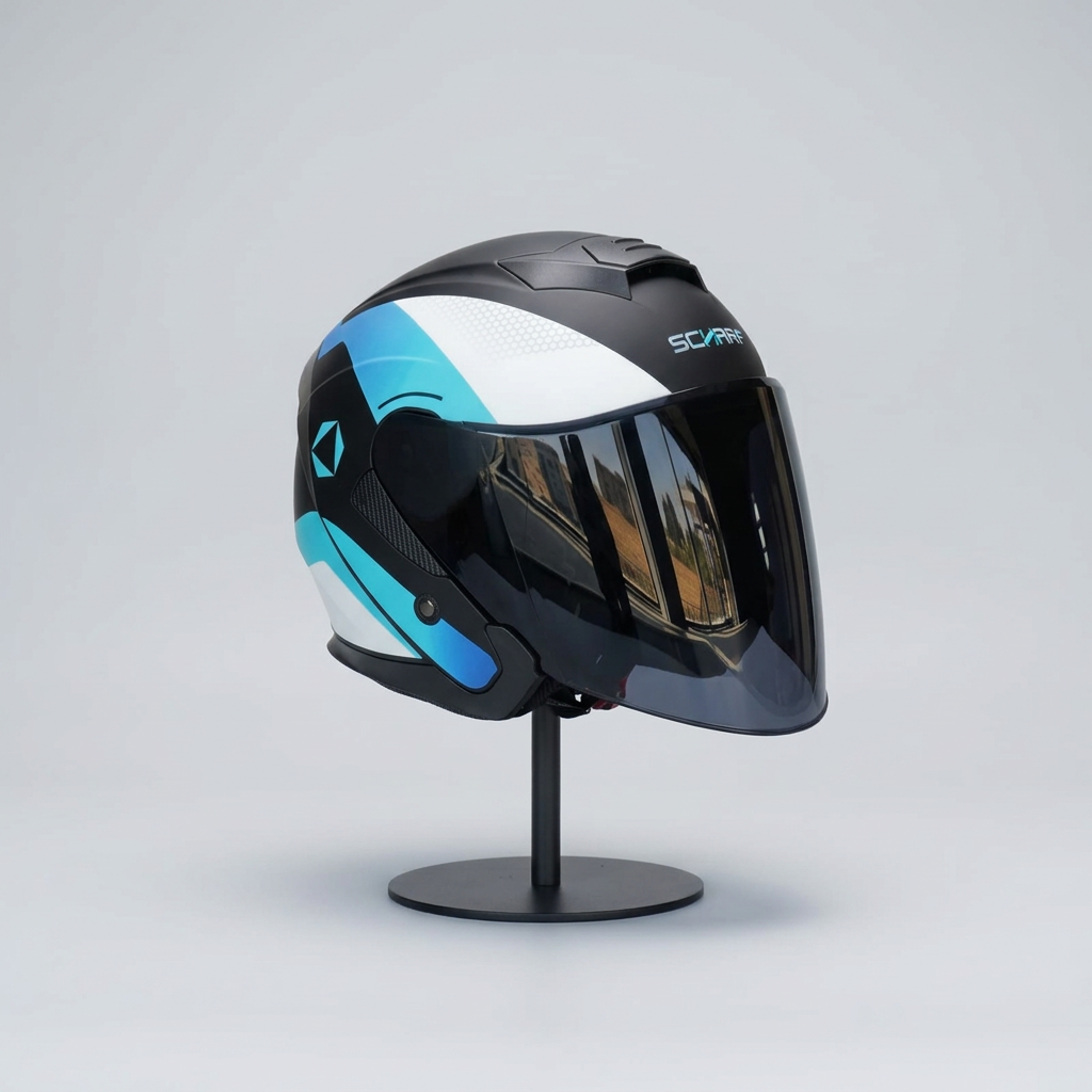 528 Siyah Vizörlü Yarım Motosiklet Kaskı - Güneş Camlı Açık Kask (T1 SILVER)