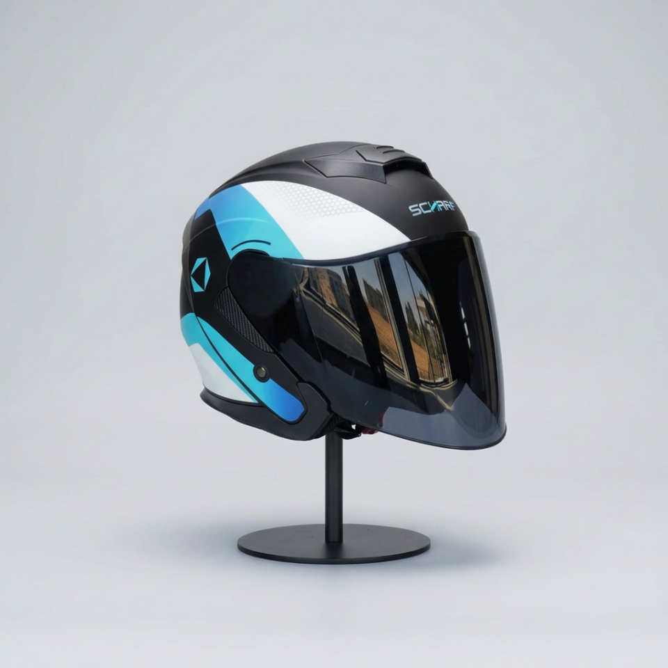528 Siyah Vizörlü Yarım Motosiklet Kaskı - Güneş Camlı Açık Kask (T1 SILVER)