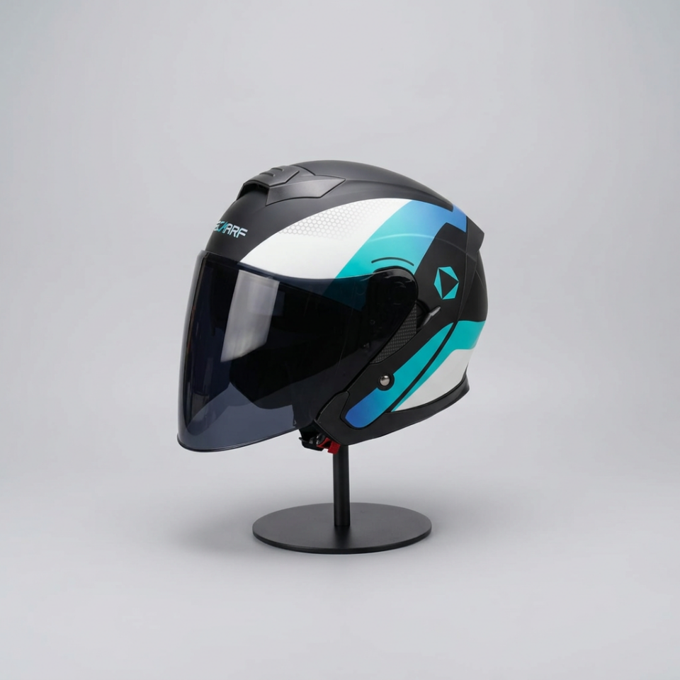 528 Siyah Vizörlü Yarım Motosiklet Kaskı - Güneş Camlı Açık Kask (T1 SILVER)