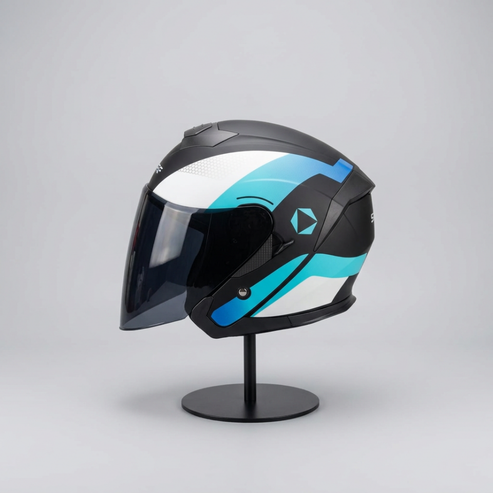 528 Siyah Vizörlü Yarım Motosiklet Kaskı - Güneş Camlı Açık Kask (T1 SILVER)