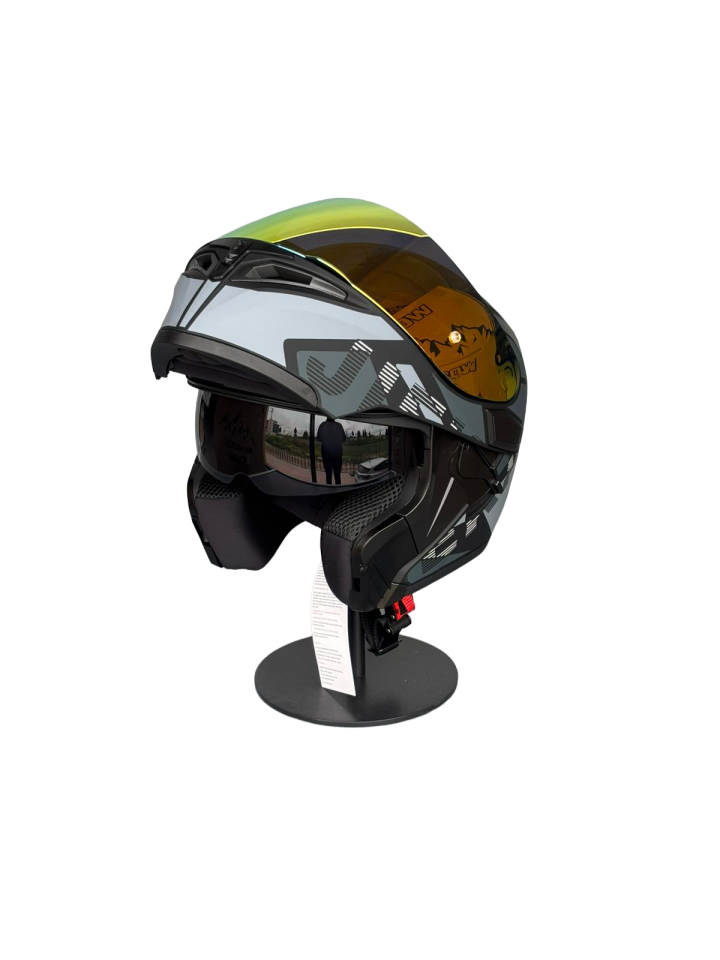 - 902 Güneş Vizörlü Çene Açılır Kask H1 GREY (DarkRed Vizörlü)