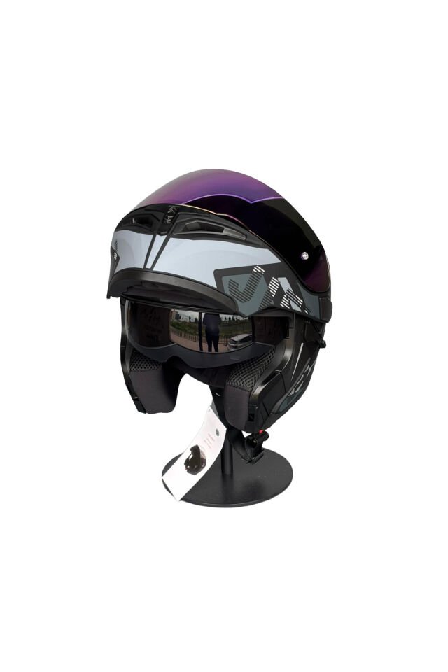 902 Güneş Vizörlü Çene Açılır Kask H1 GREY (RainBowGreen Vizörlü) Gri - S