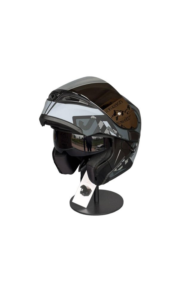 - 902 Güneş Vizörlü Çene Açılır Kask H1 GREY (Silver Vizörlü) Gri - L